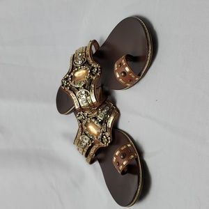 Giuseppe Zanotti Brown Leather Embellished Flat Sandals Size 6.5 (37)